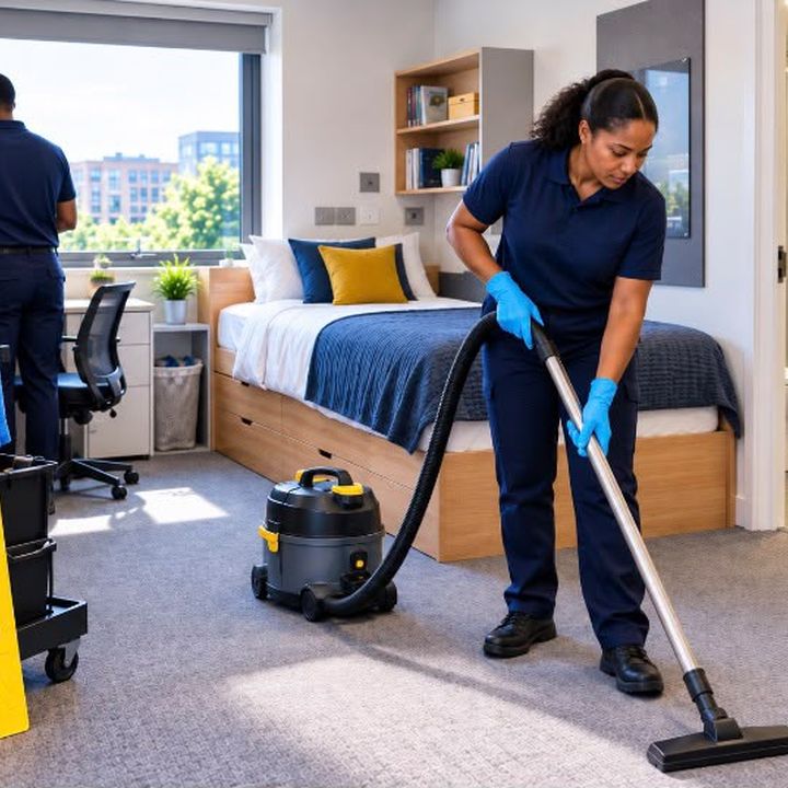 Bright Haven staff cleaning a student accommodation room