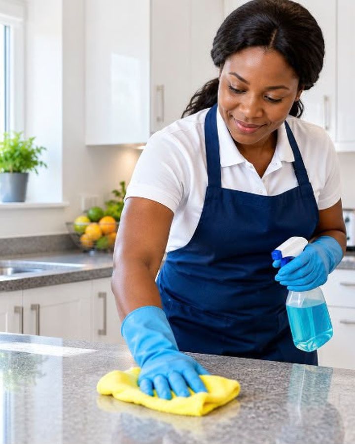 Bright Haven cleaner wiping down a kitchen countertop