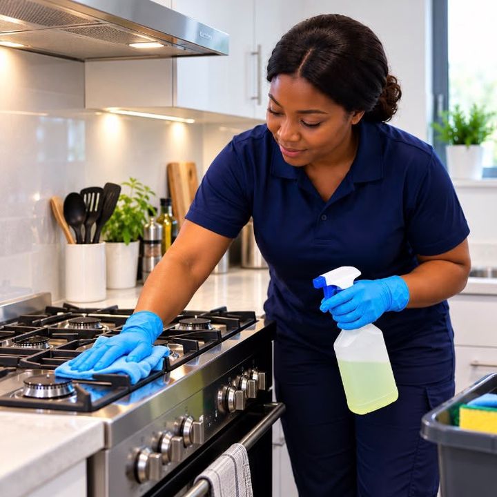 Bright Haven cleaner sanitising a kitchen stove