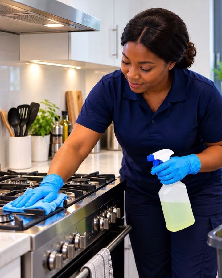 Bright Haven cleaner sanitising a kitchen stove