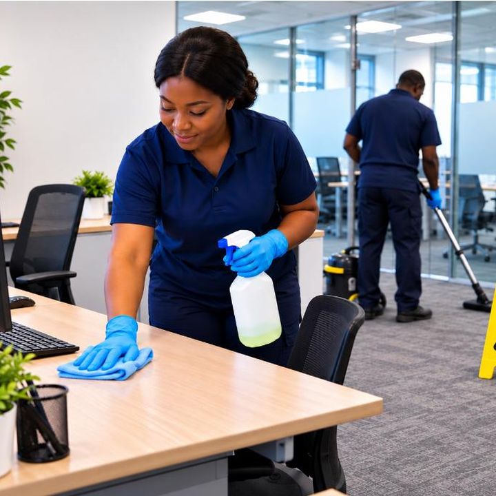 Bright Haven cleaner sanitising an office desk