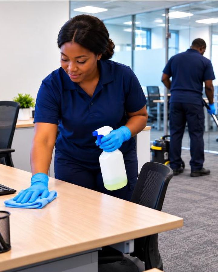 Bright Haven cleaner sanitising an office desk