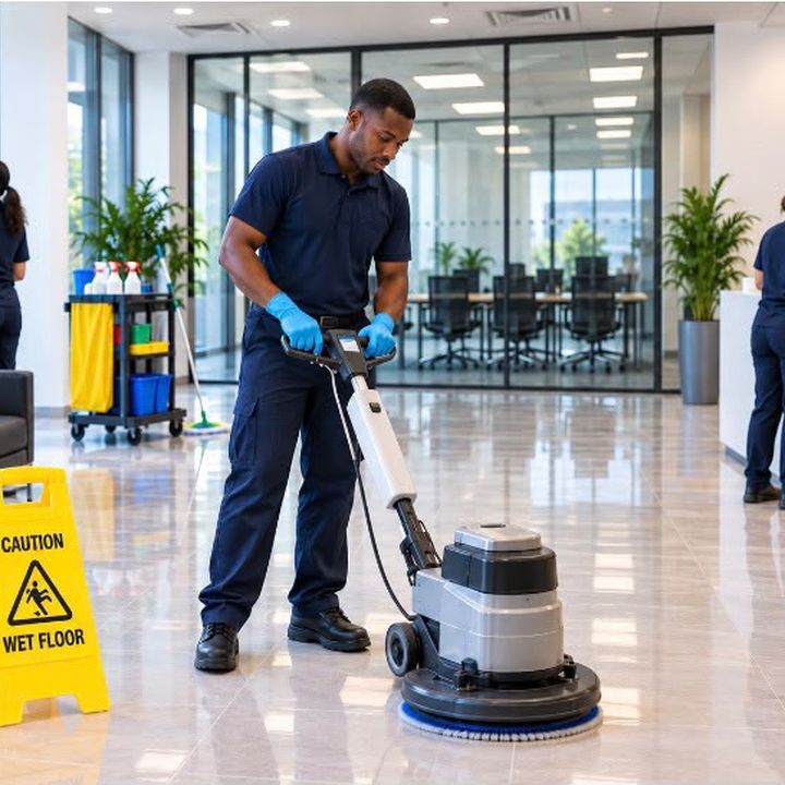 Bright Haven cleaner buffing an office reception floor