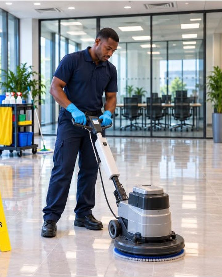 Bright Haven cleaner buffing an office reception floor