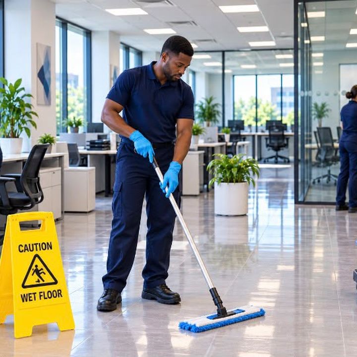 Bright Haven cleaner mopping a modern office floor