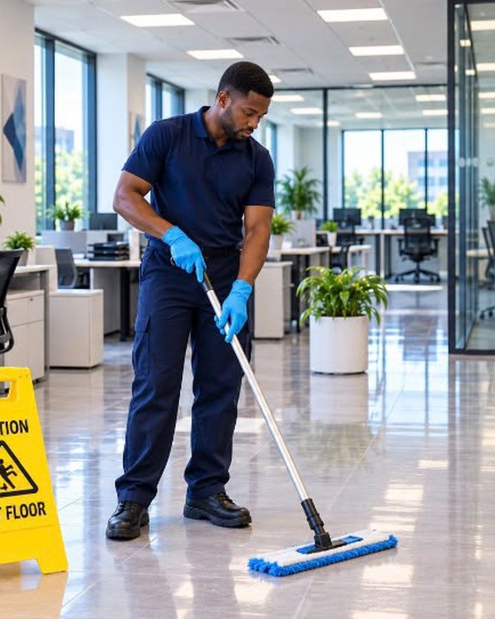 Bright Haven cleaner mopping a modern office floor