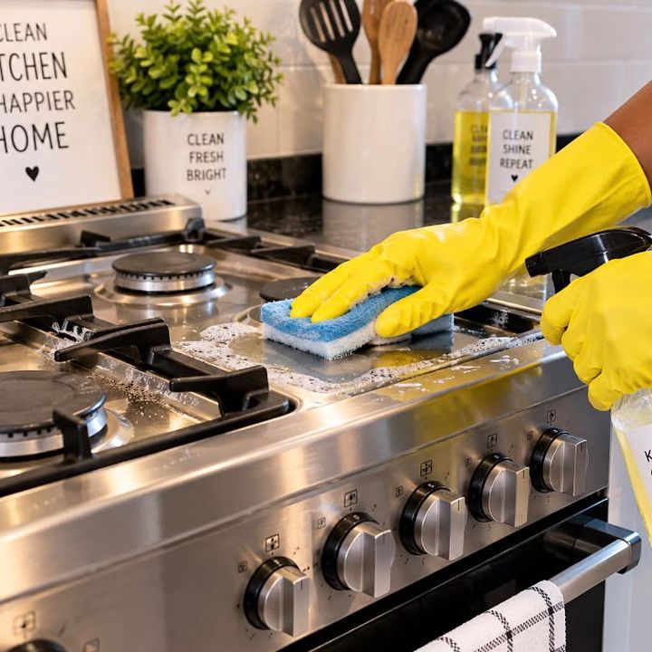 Close-up of a Bright Haven cleaner scrubbing a stovetop