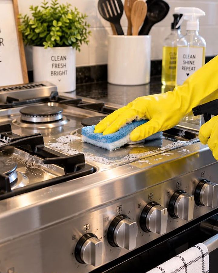 Close-up of a Bright Haven cleaner scrubbing a stovetop